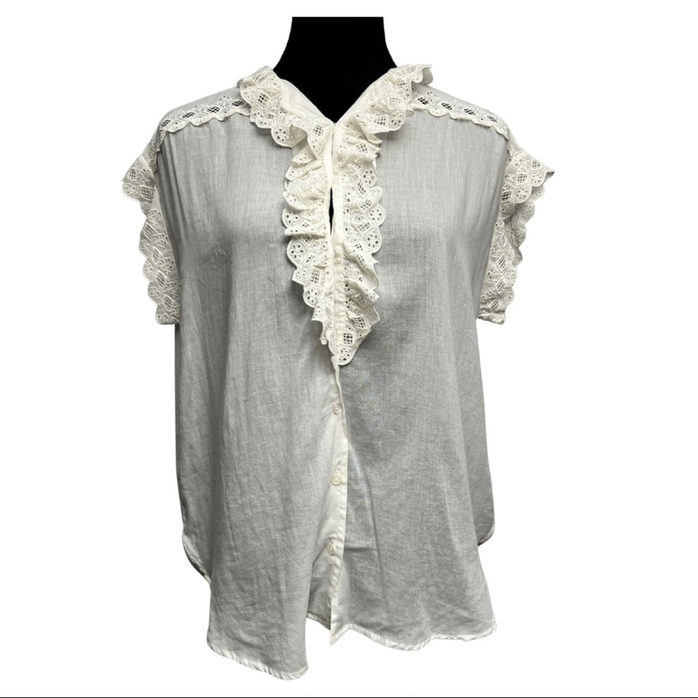 Nili Lotan Leanne White Lace Trim Blouse
